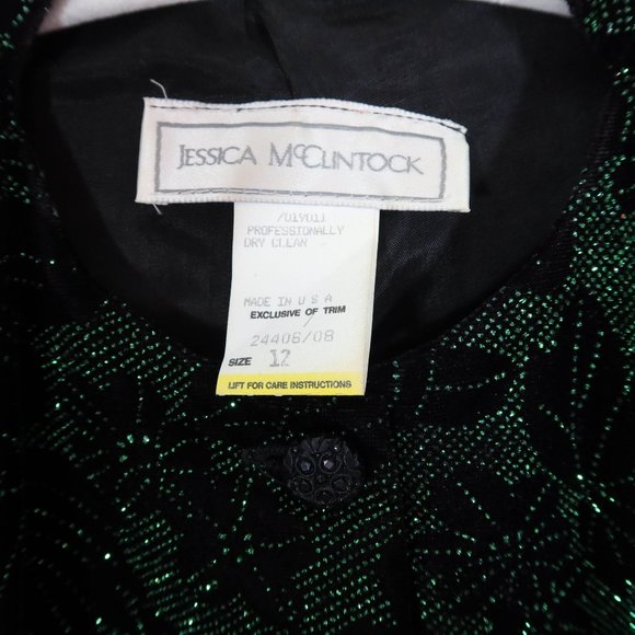 Vintage JESSICA MCCLINTOCK Size 12 Black Green Velvet Sparkle Puff Sleeve Jacket - Picture 6 of 7